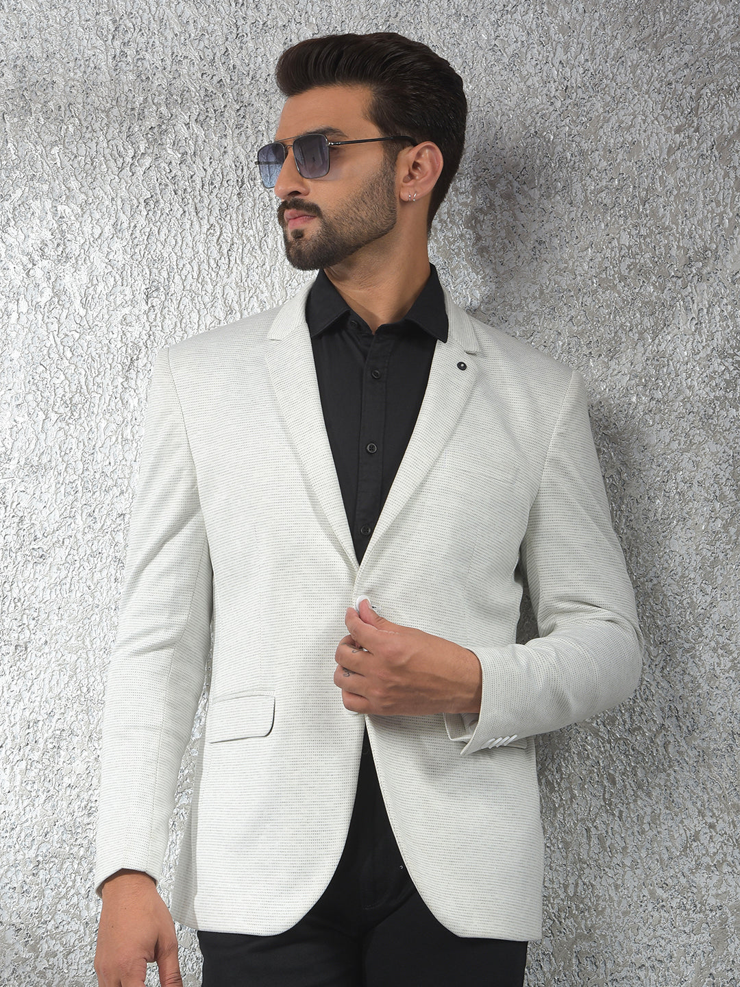 Off White Printed Notched Lapel Single-Breasted Blazer