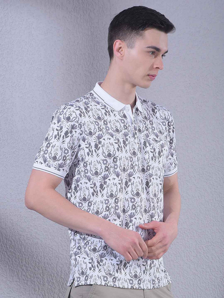 Grey Floral Print Polo Neck T-Shirt