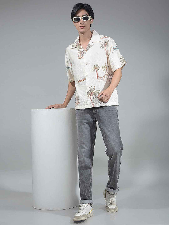 Beige Botanical Print Resort-Collar Shirt