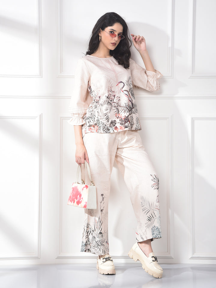 Peach Floral Print Linen Straight Trousers