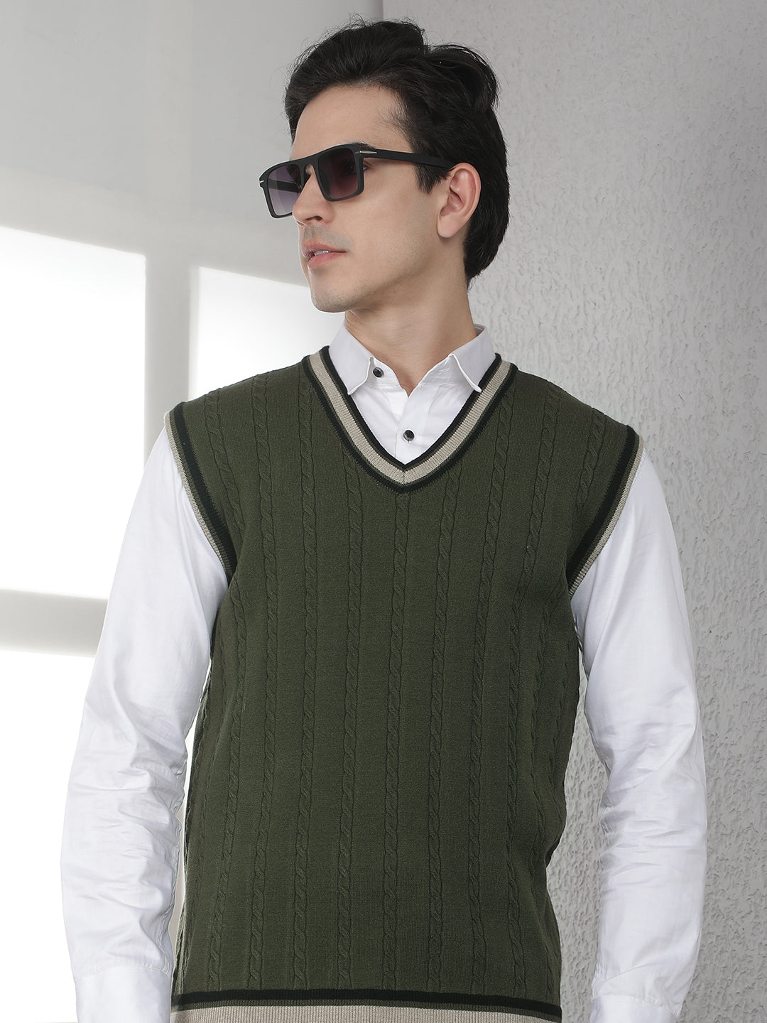 Olive Jacquard V-Neck Sleeveless Sweater
