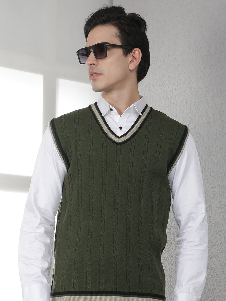 Olive Jacquard V-Neck Sleeveless Sweater