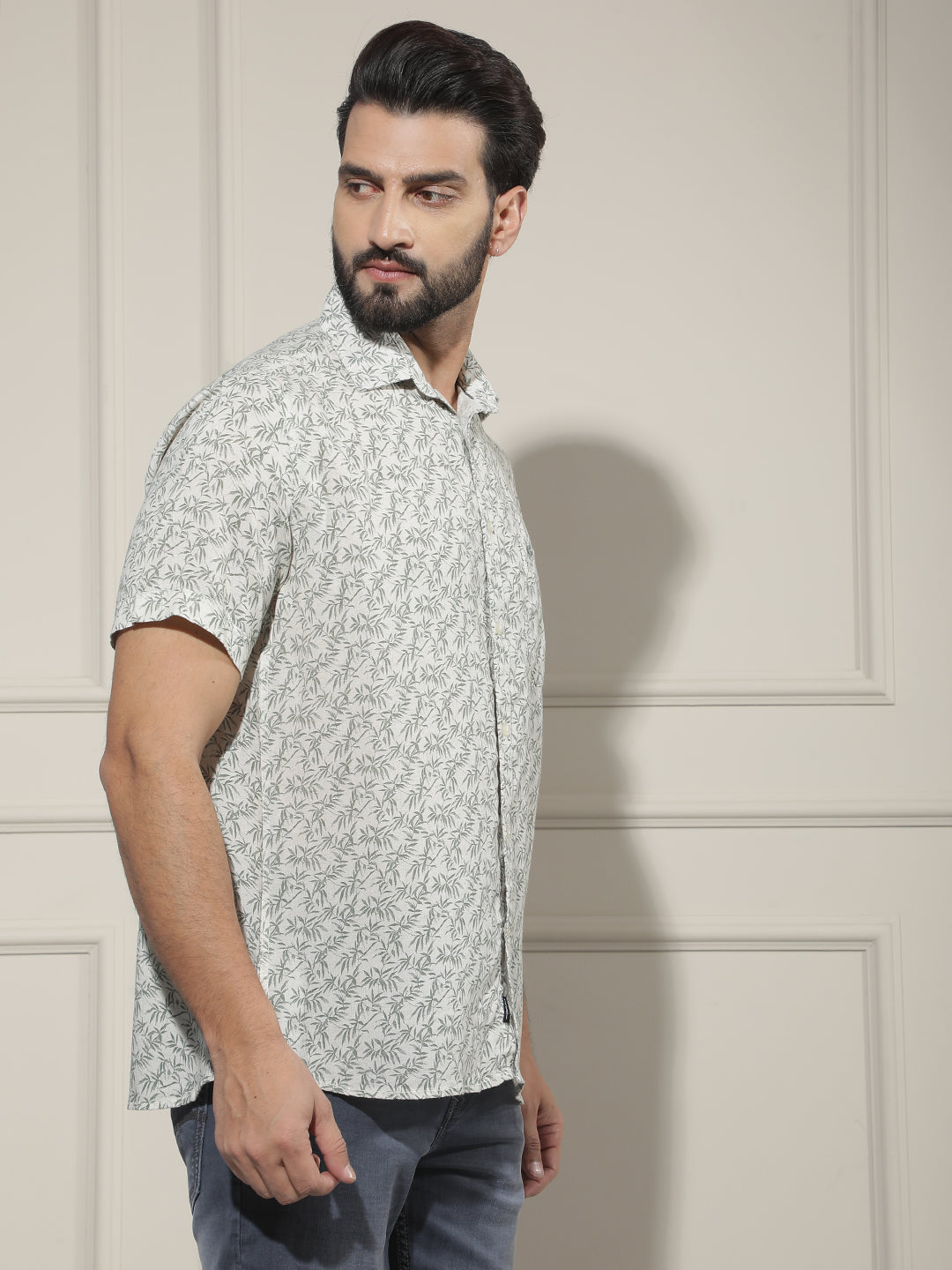 Green Floral Print Linen Shirt
