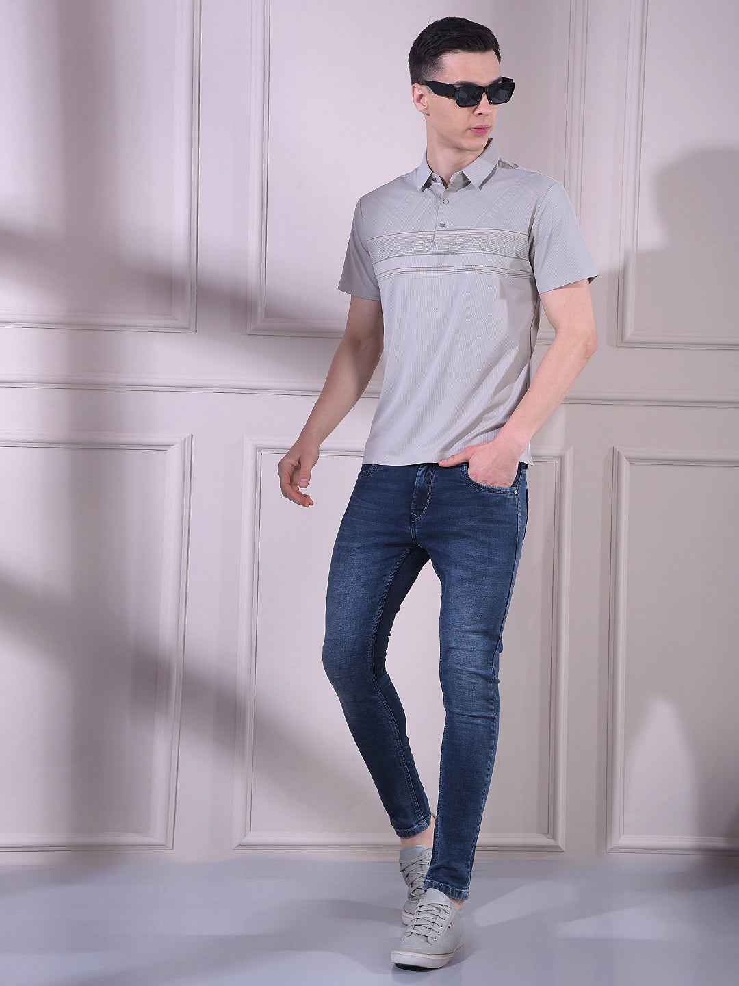 Grey Typographic Print Polo Neck T-Shirt