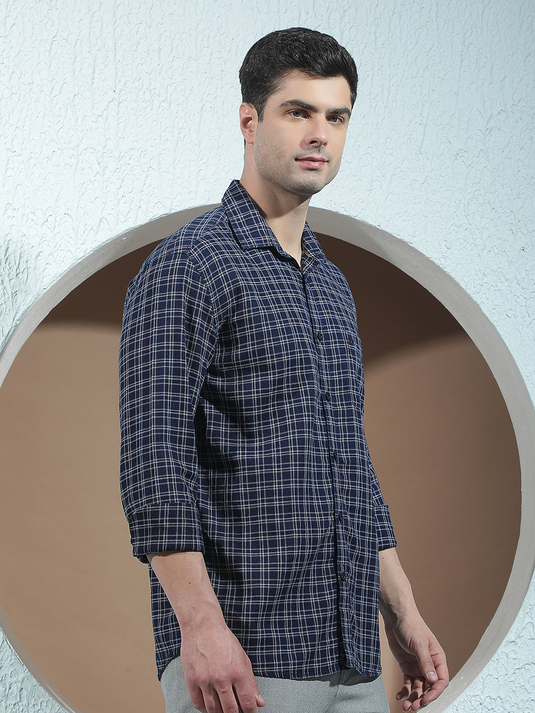 Navy Blue 100% Cotton Checked Shirt