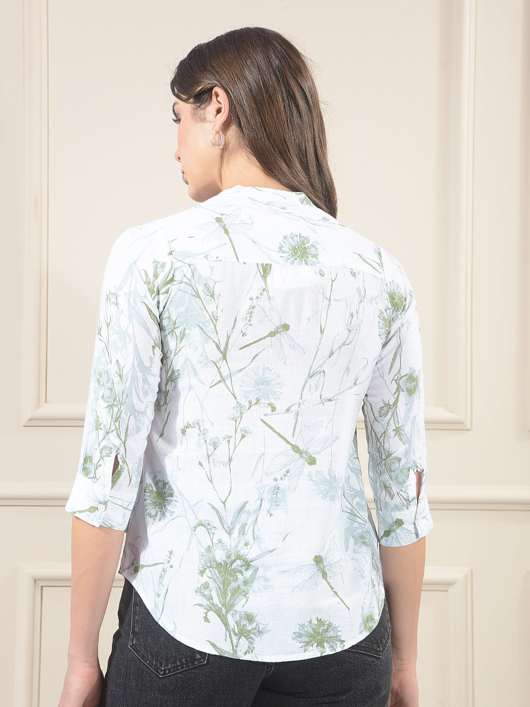 Green Floral Print V-Neck Linen Shirt