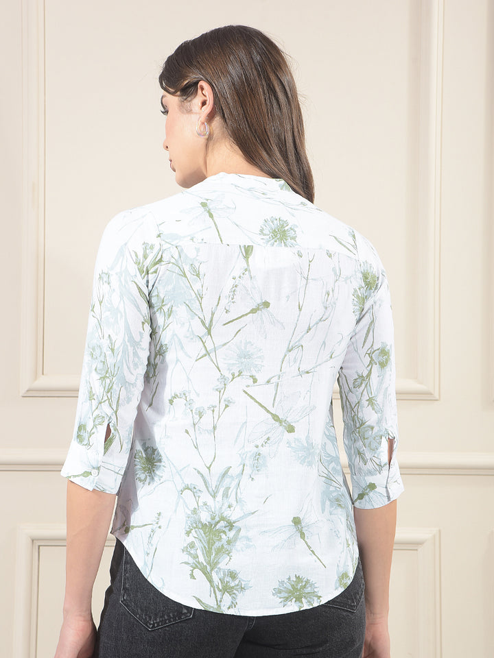 Green Floral Print V-Neck Linen Shirt
