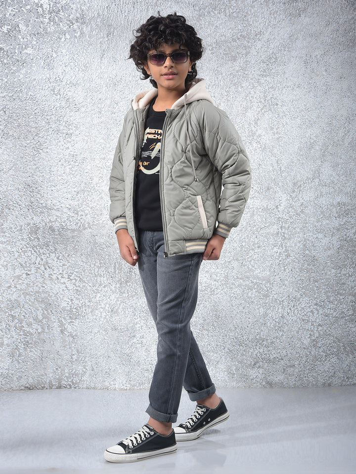Grey Hooded Neck Puffer Jacket