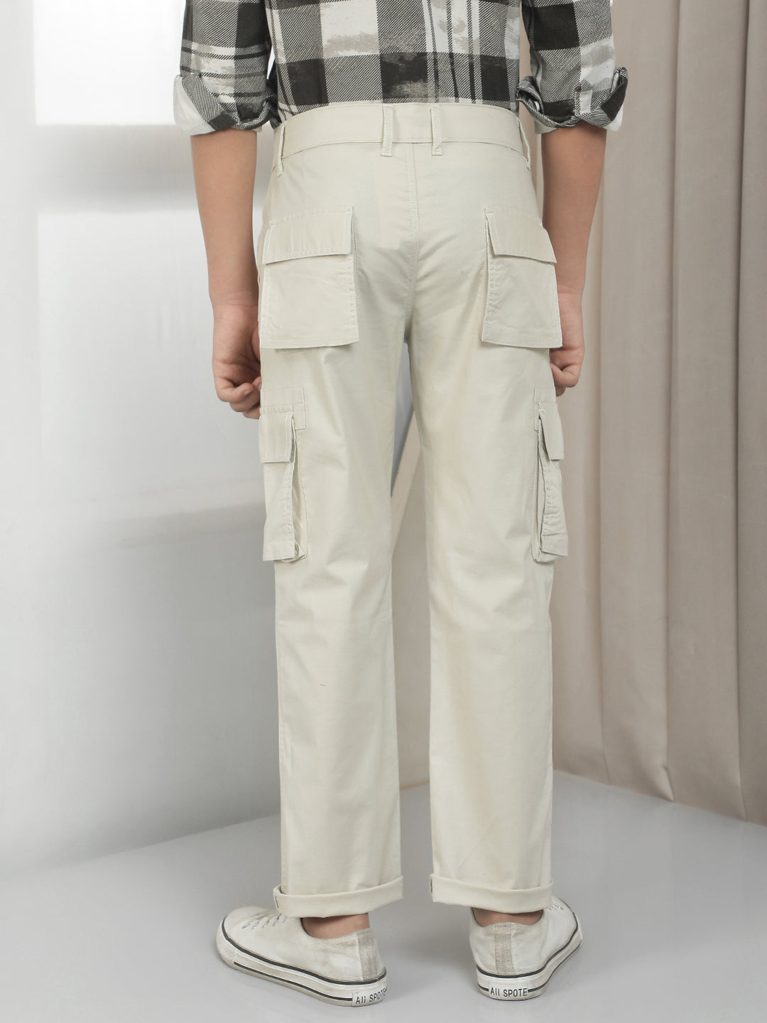 Beige Cotton Straight Stretchable Cargo Trousers