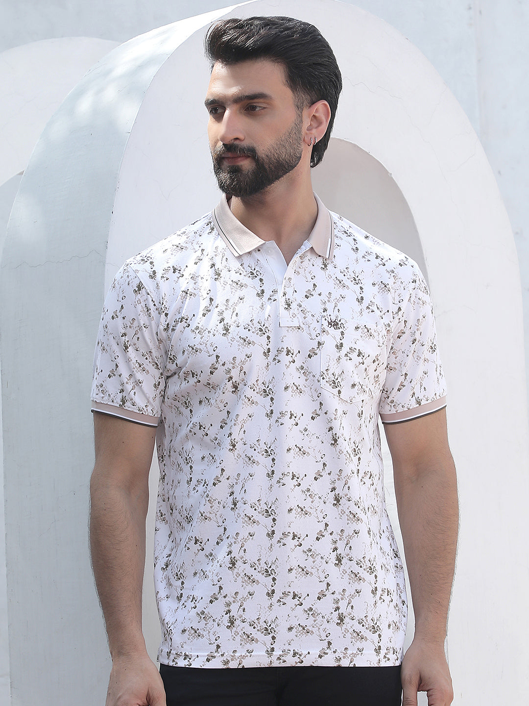 Beige Printed Polo Neck T-Shirt