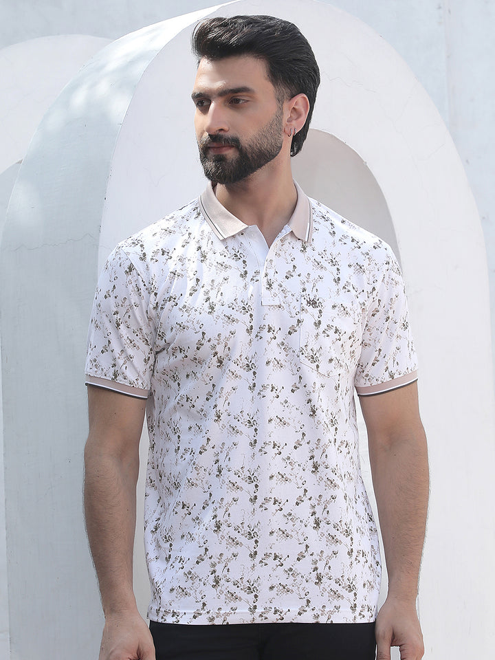 Beige Printed Polo Neck T-Shirt