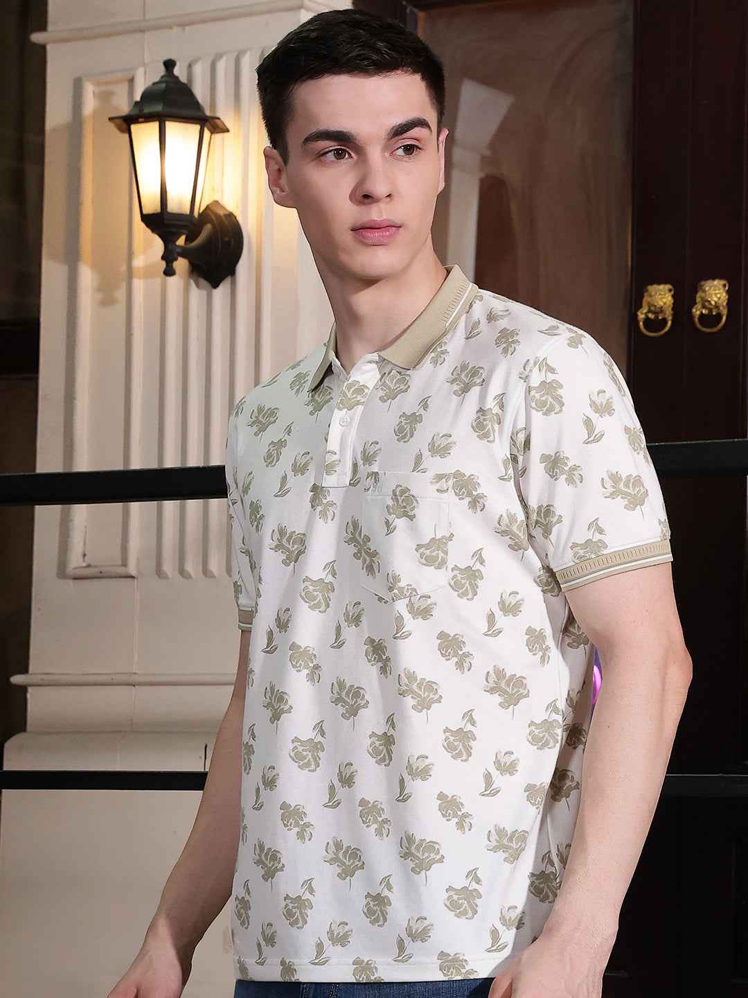 Brown Floral Print Polo Neck T-Shirt
