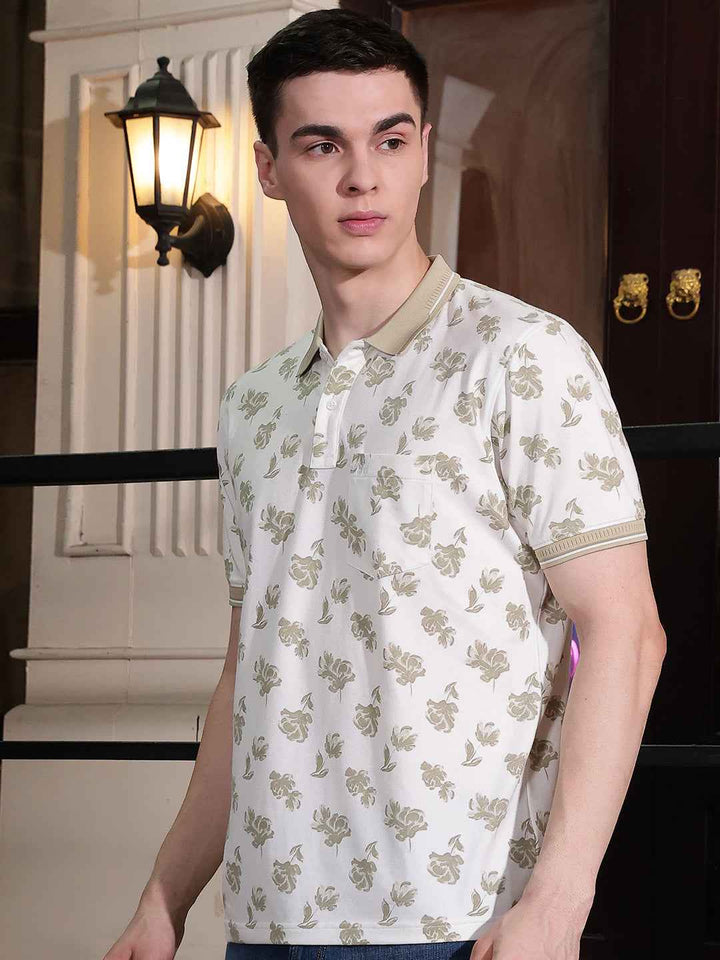 Brown Floral Print Polo Neck T-Shirt