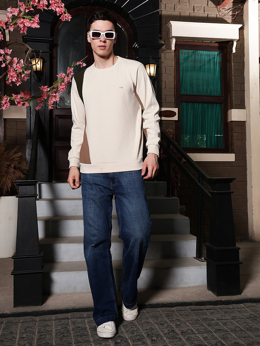 Sleek Dune Beige Color-Block Sweatshirt