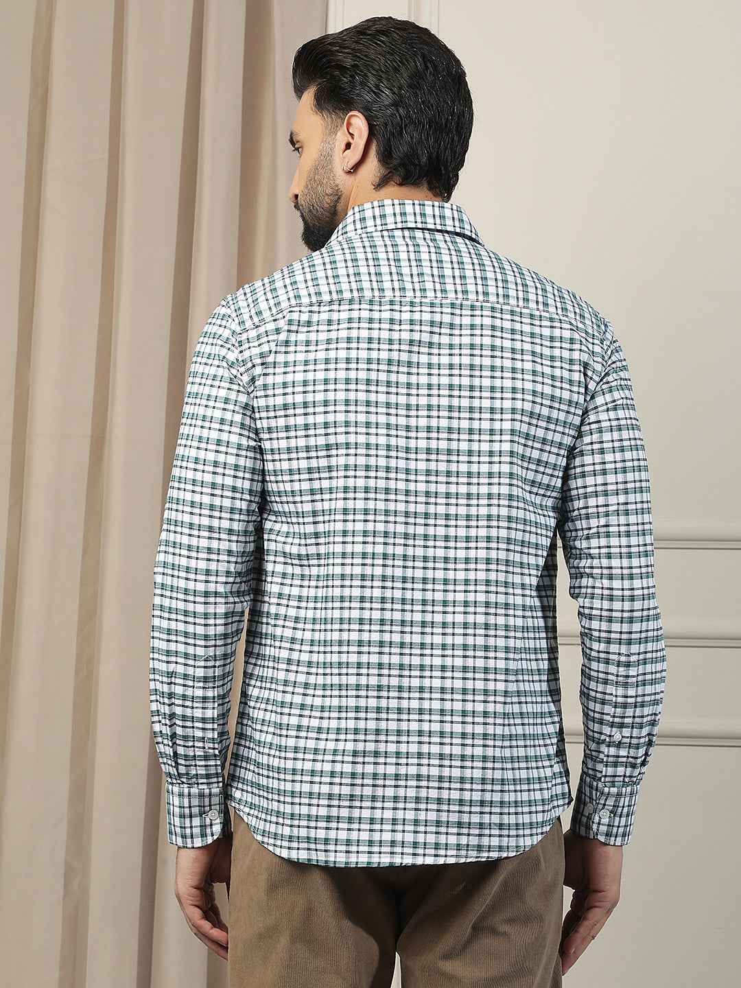 100% Cotton Green Checked Button Down Collar Shirt