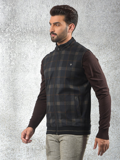 Black Checked Sleeveless Reversible Jacket