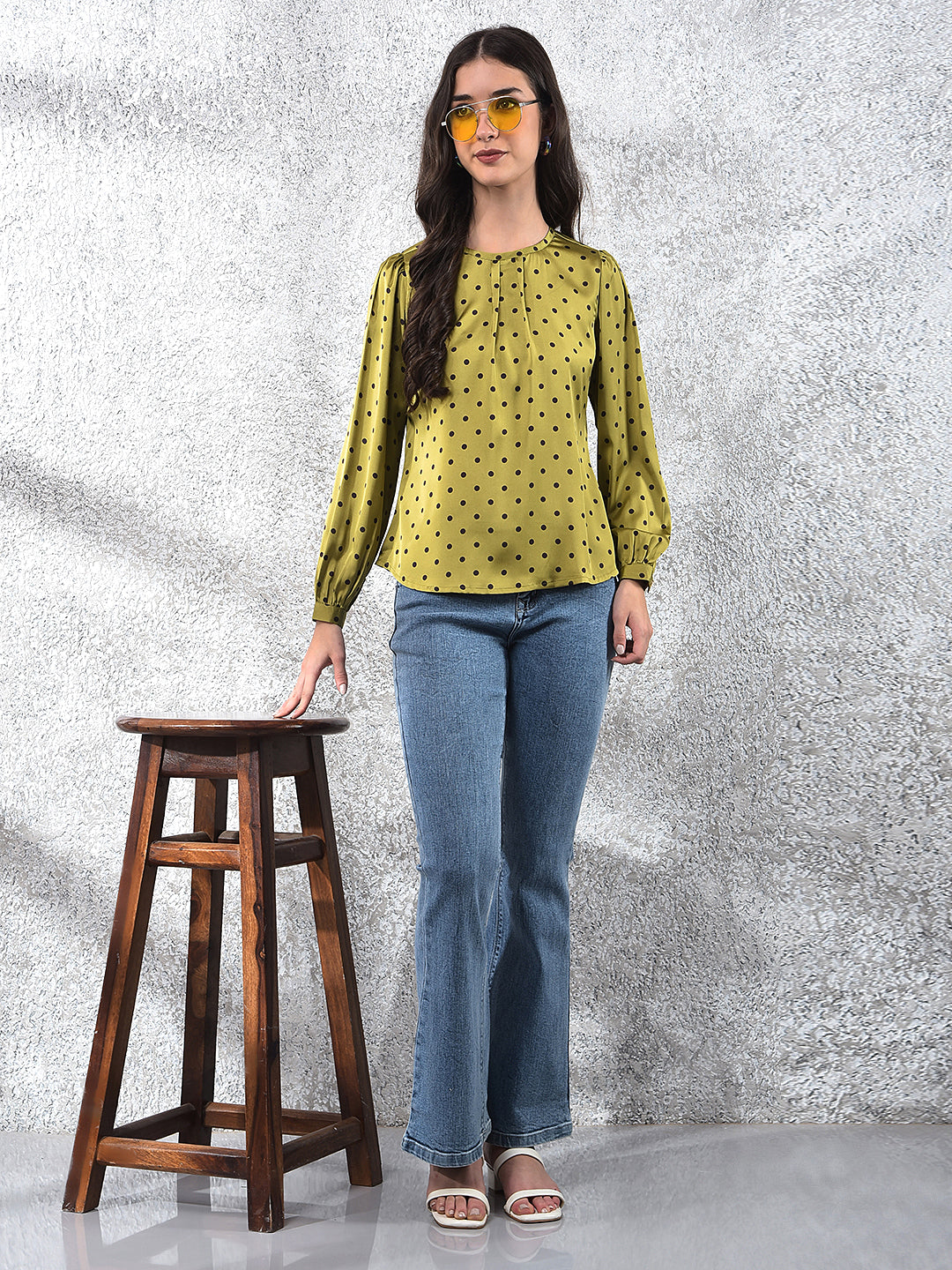 Trendy Olive Polka Dots Top