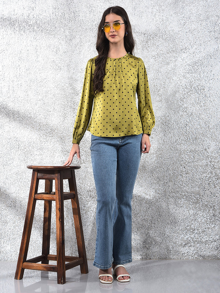 Trendy Olive Polka Dots Top