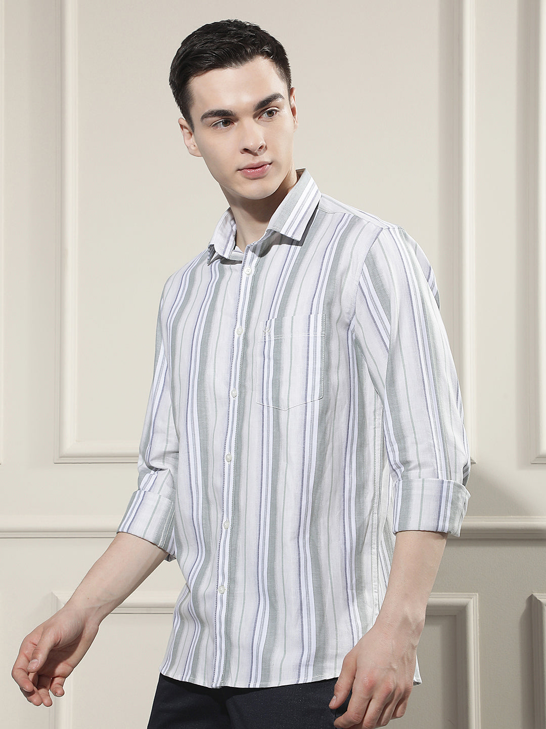 Green Vertical Stripes 100% Cotton Shirt