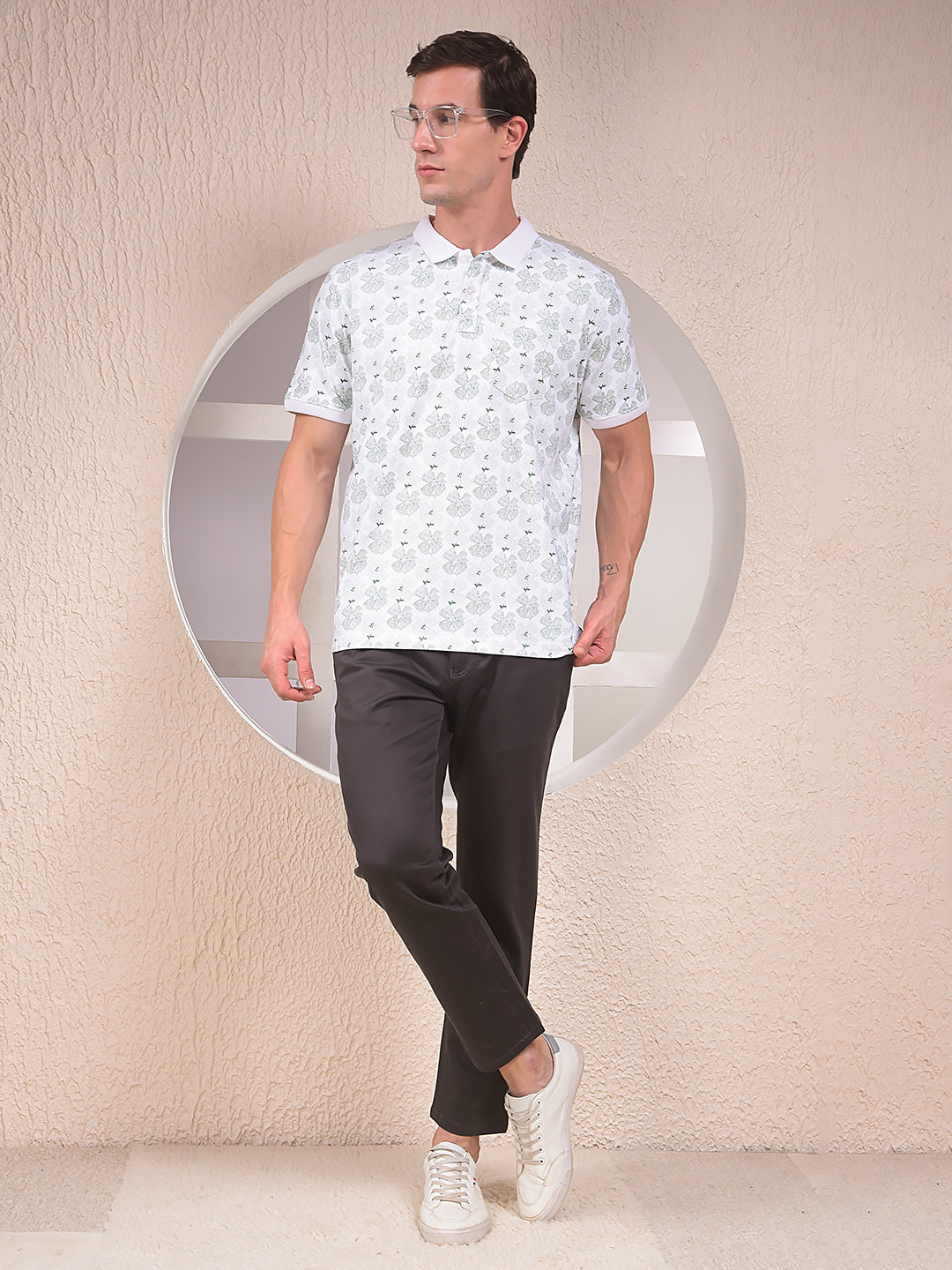 Green Floral Print Polo Neck T-Shirt
