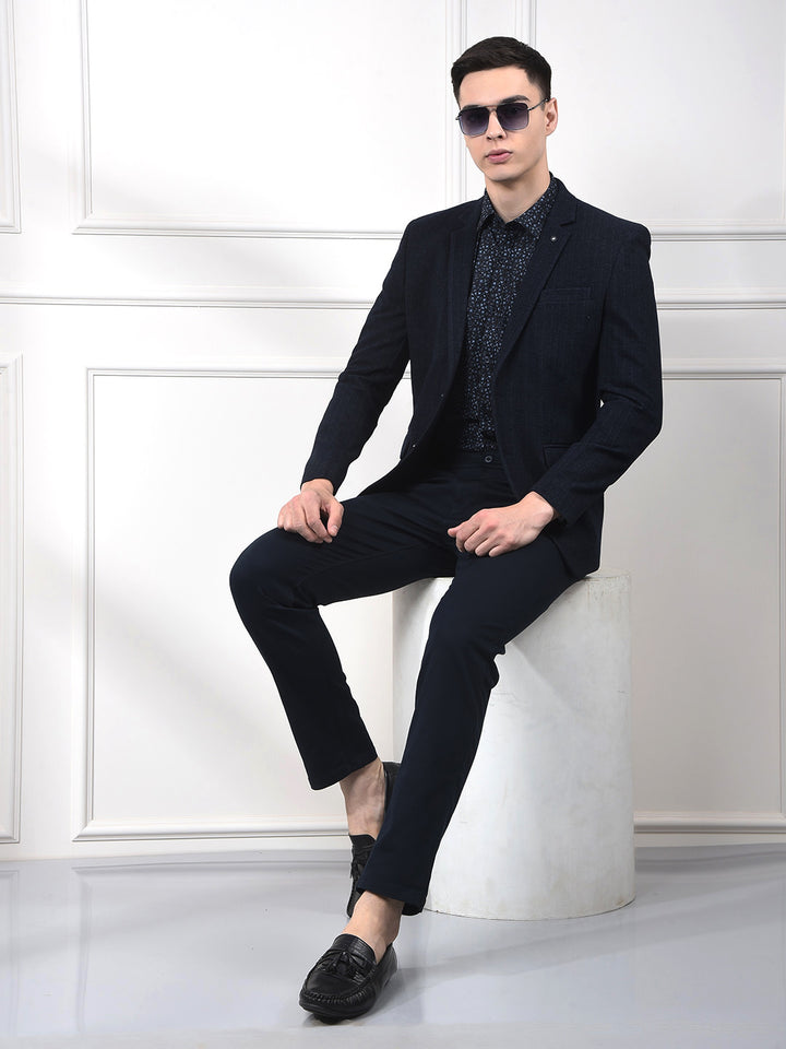 Navy Blue Vertical Stripes Notched Lapel Single-Breasted Blazer