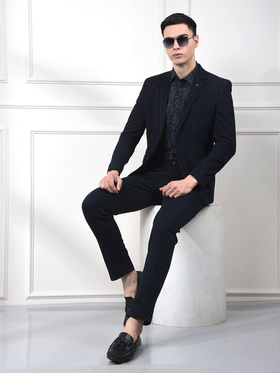 Navy Blue Vertical Stripes Notched Lapel Single-Breasted Blazer