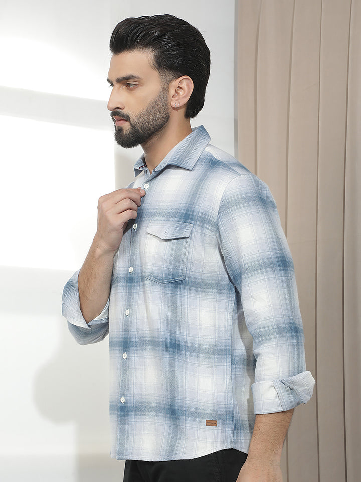 Blue Checked 100% Cotton Double Pocket Shirt