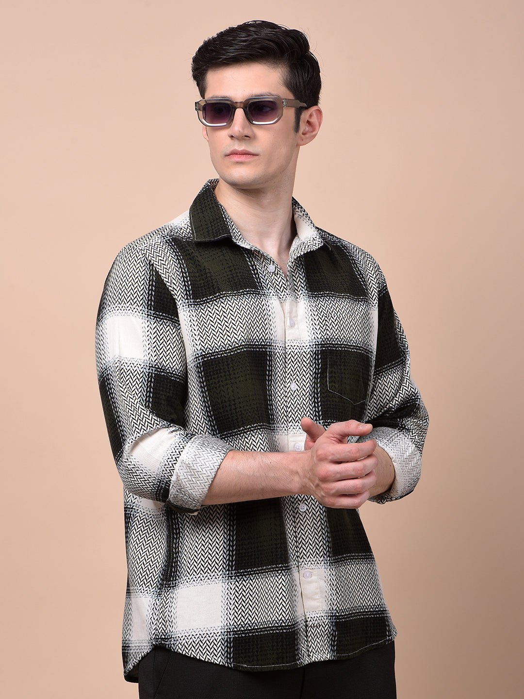 Olive Checked 100% Cotton Corduroy Shirt