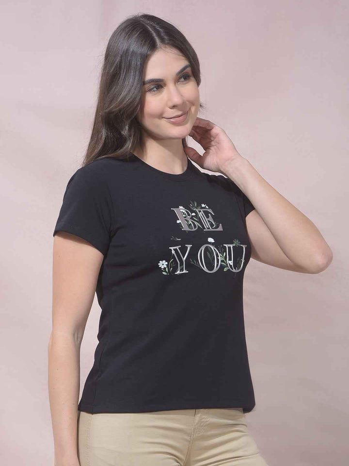 Black Typographic Print Modal T-Shirt