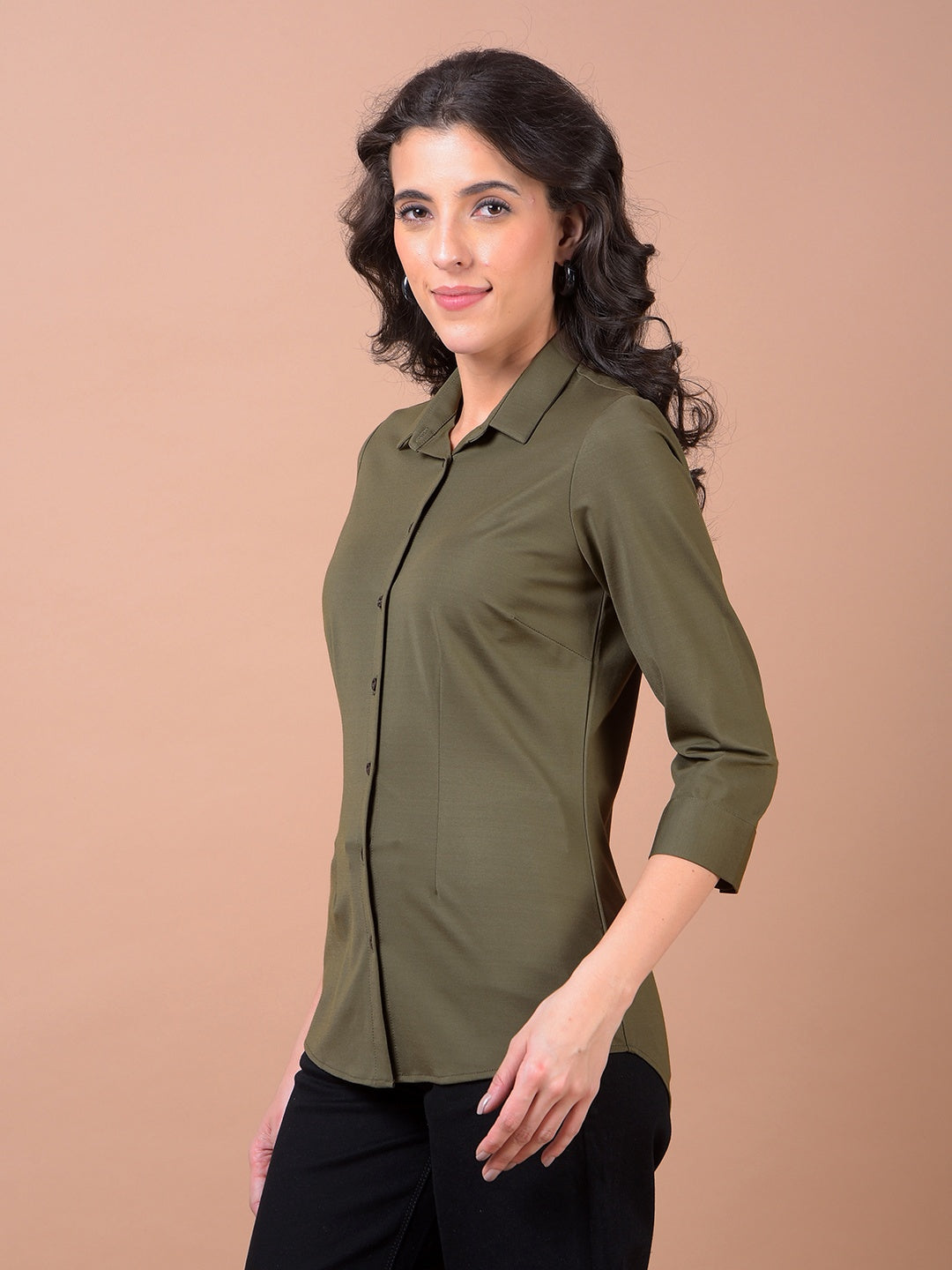 Olive Green Smart Casual Shirt-Women Shirts-Crimsoune Club