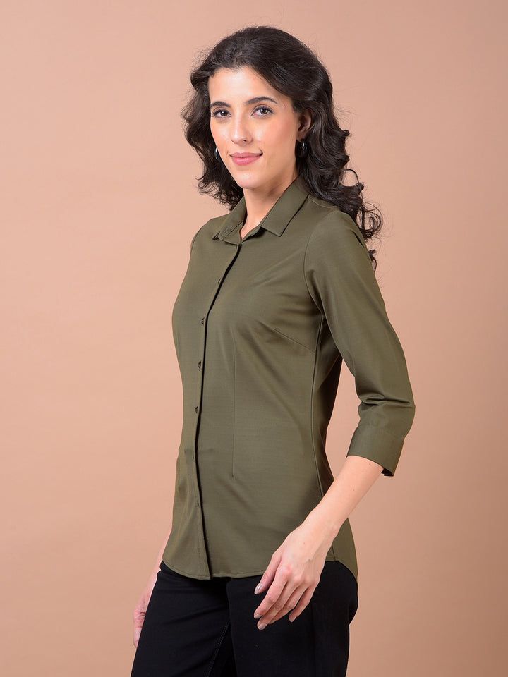 Olive Green Smart Casual Shirt-Women Shirts-Crimsoune Club