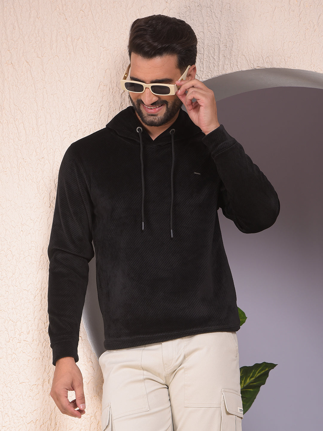 Black Jacquard Hooded Neck Sweatshirt