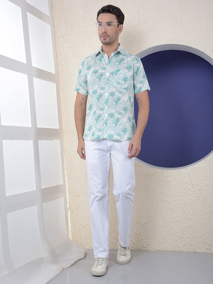 Green Floral Print Linen Shirt