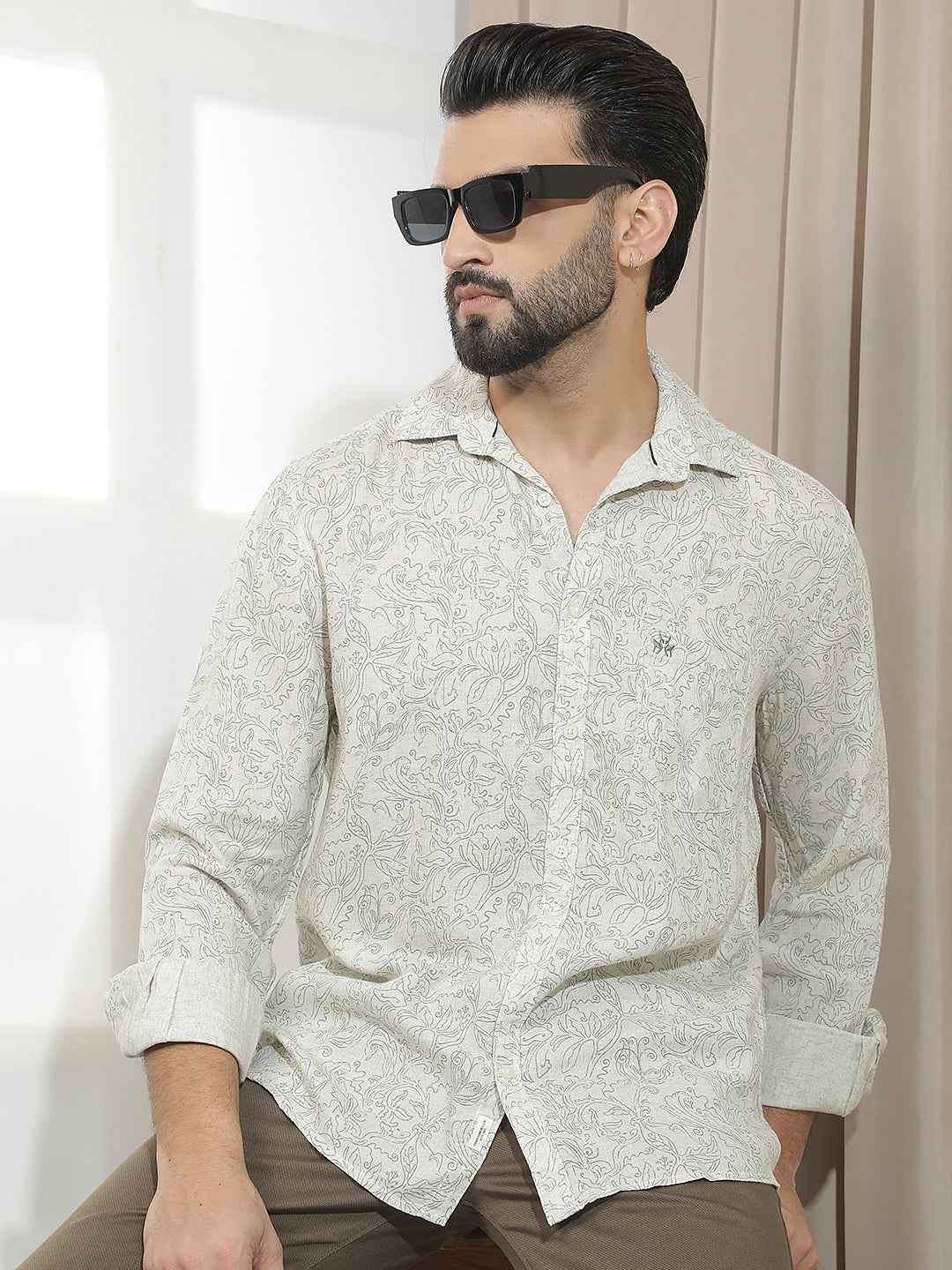 Linen Green Floral Print Shirt