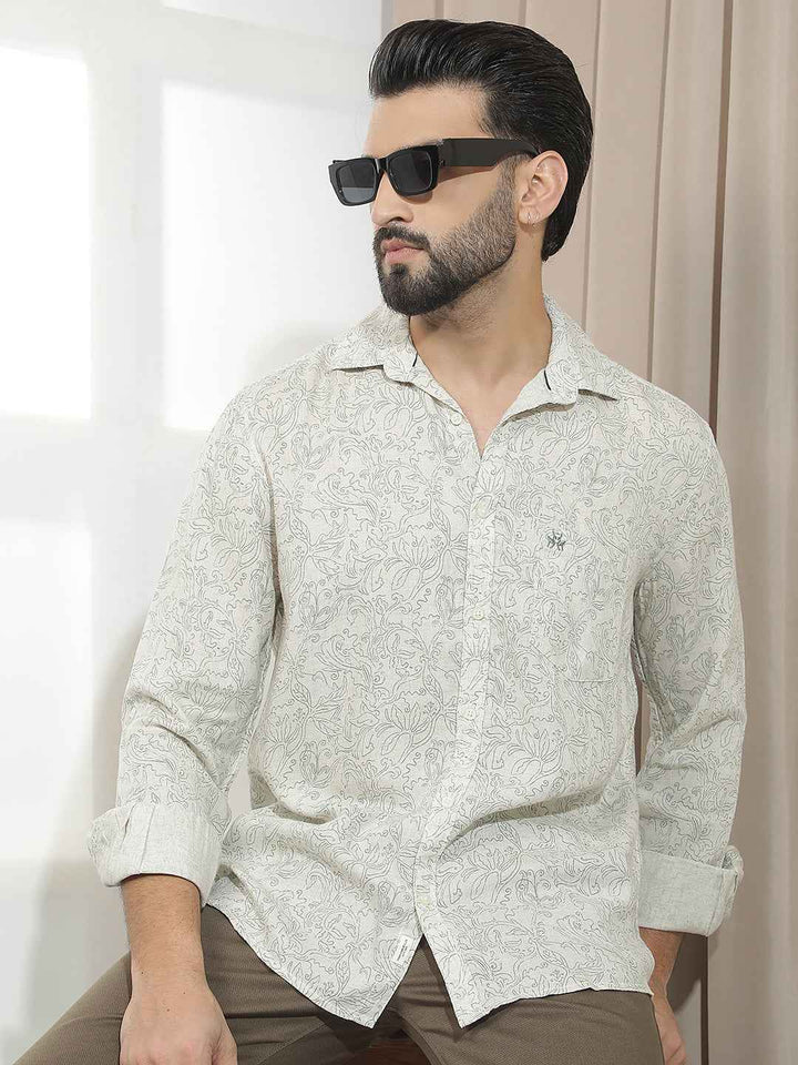 Linen Green Floral Print Shirt