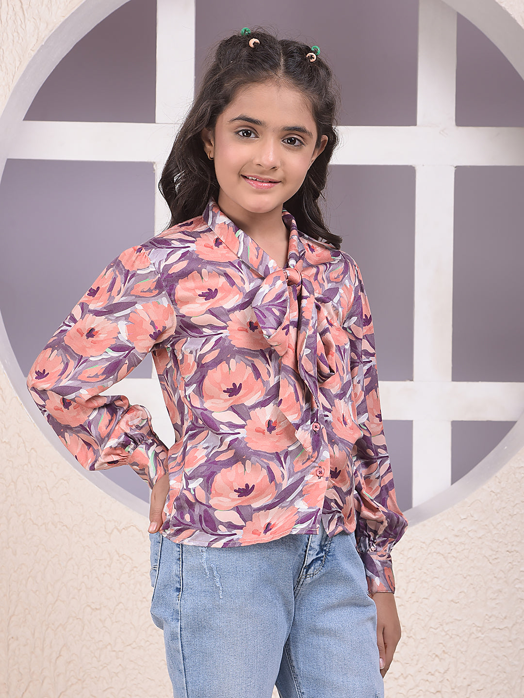 Peach Floral Print Tie-Up Neck Shirt