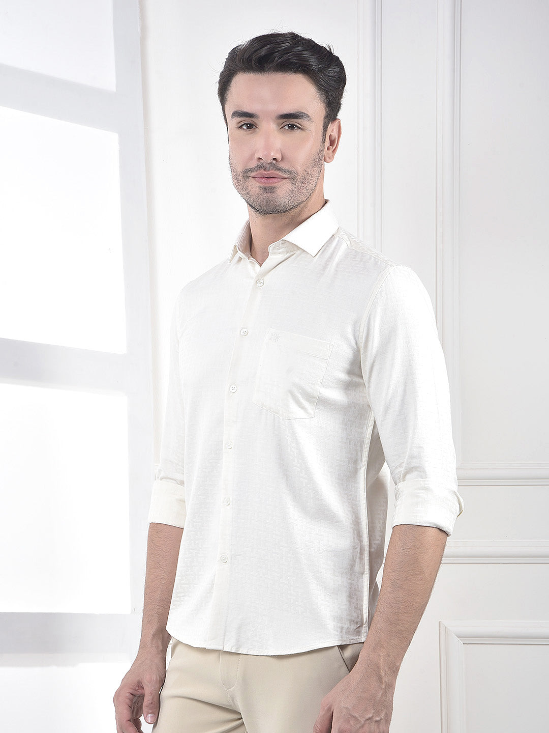 Beige Jacquard 100% Cotton Shirt