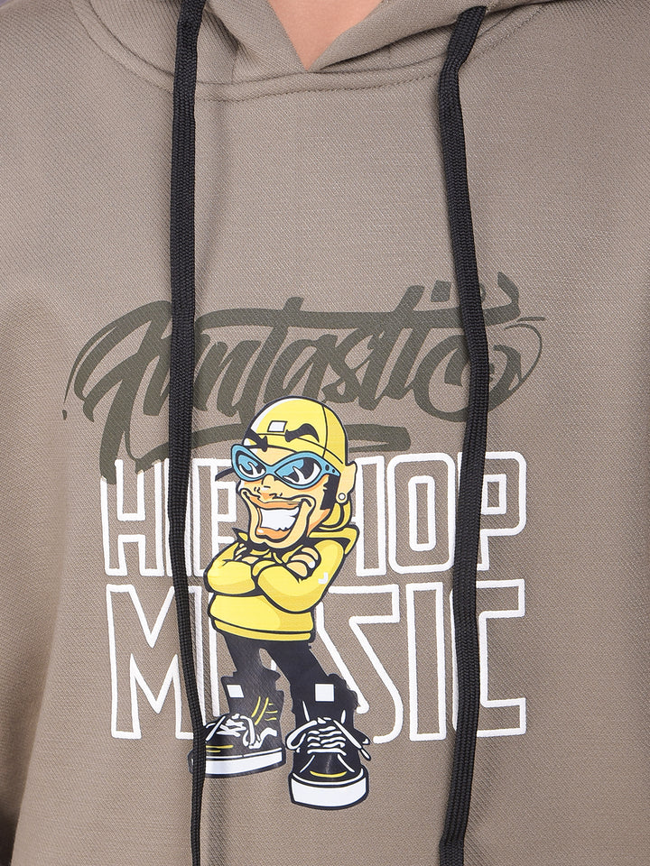 Olive Graphic Print Hooded Neck Sweatshirt