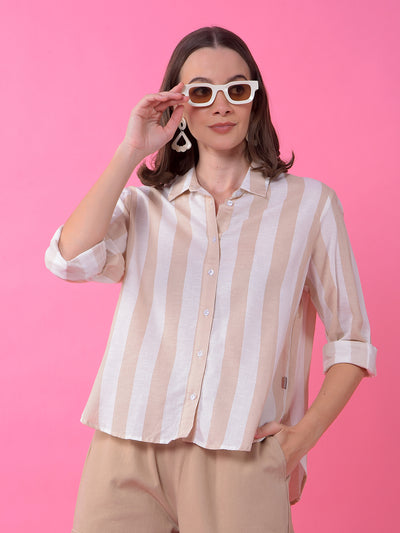 Beige Vertical Stripes Linen Shirt