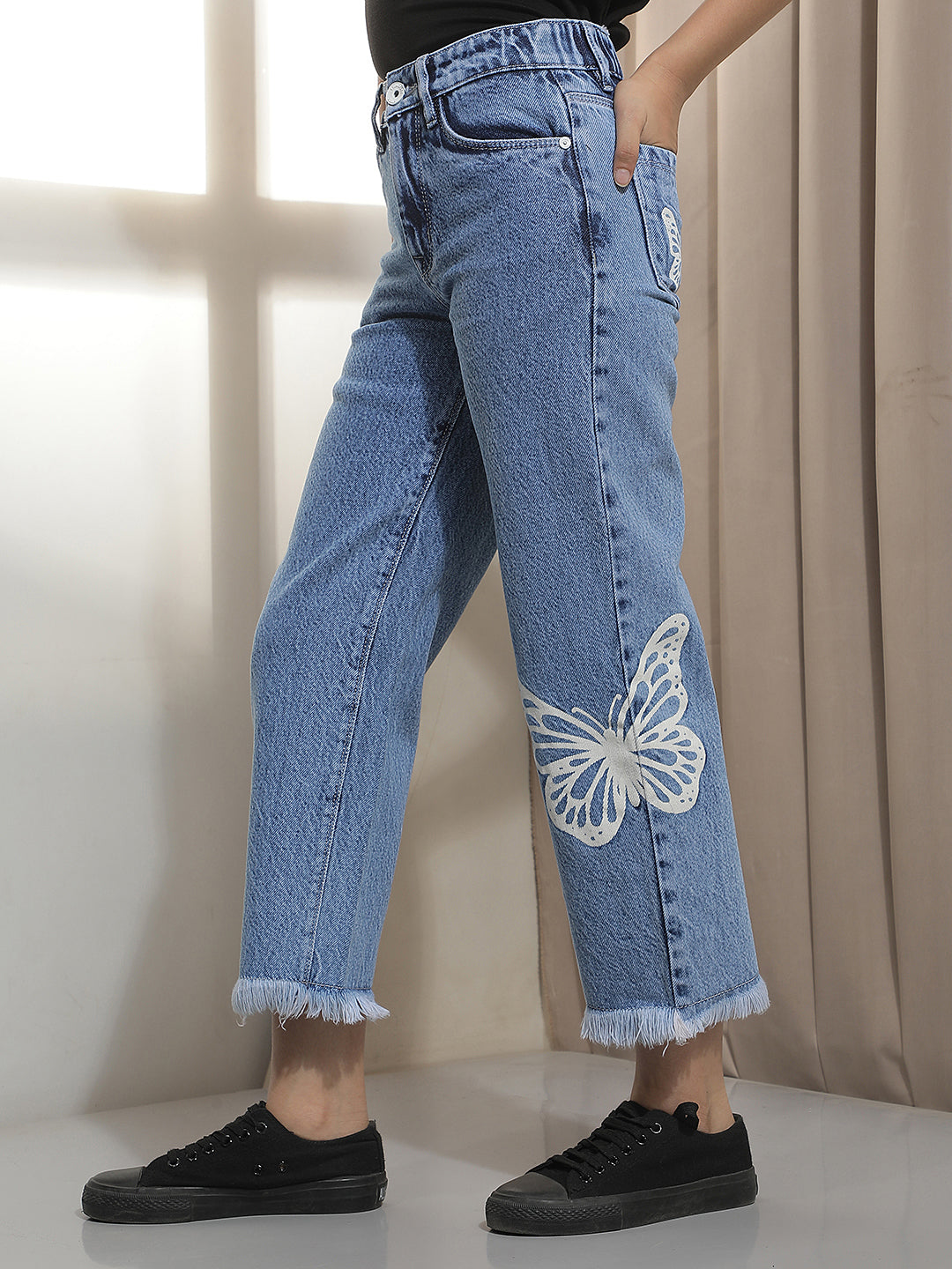 Blue Graphic Print 100% cotton Wide Leg Jeans