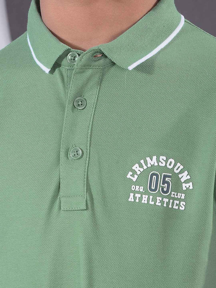 Green Typographic Print Polo Neck T-Shirt