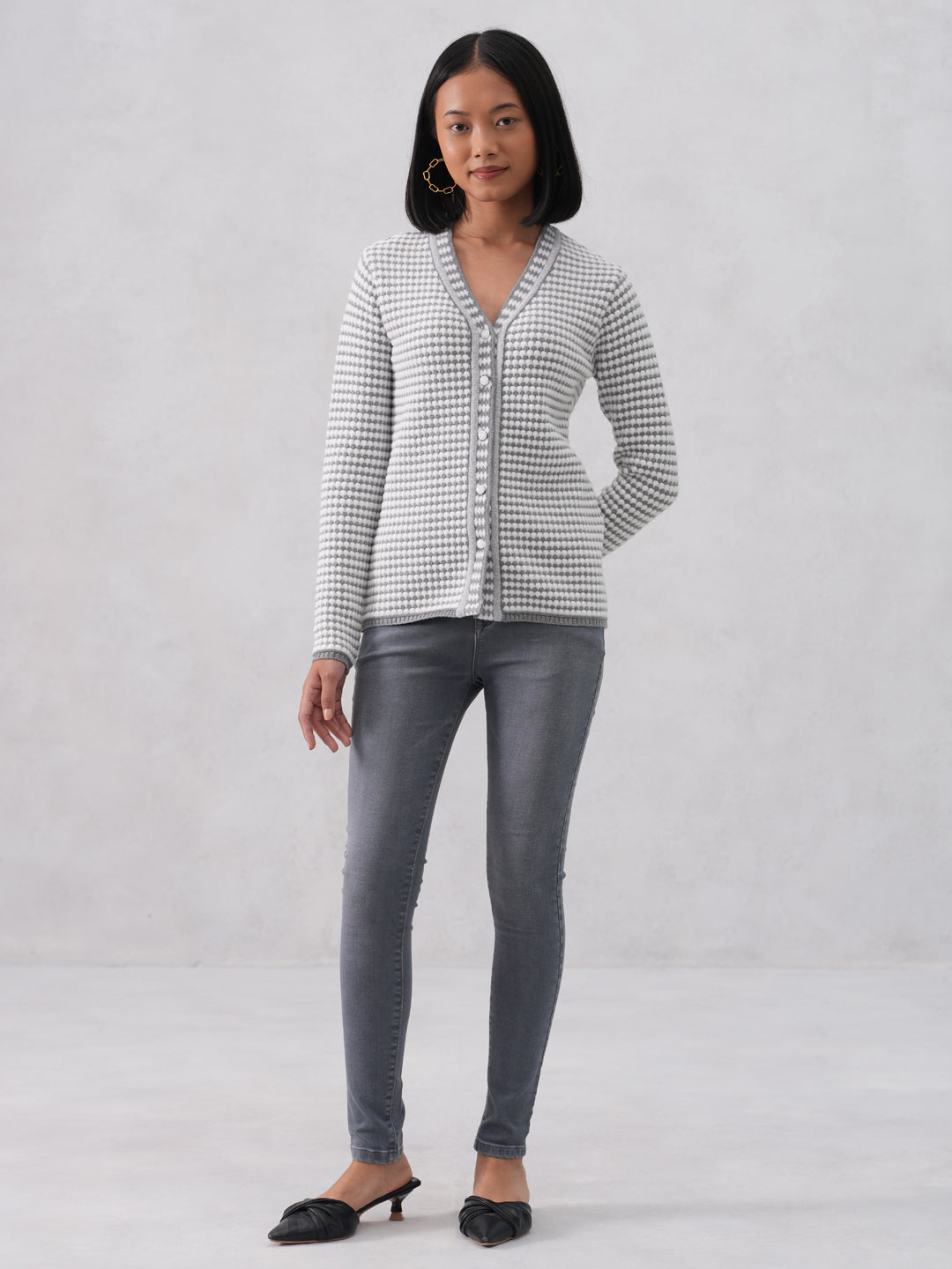 Grey Jacquard V-Neck Cardigan