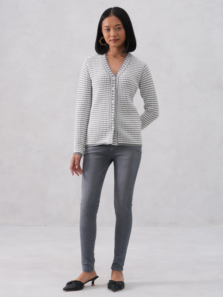 Grey Jacquard V-Neck Cardigan