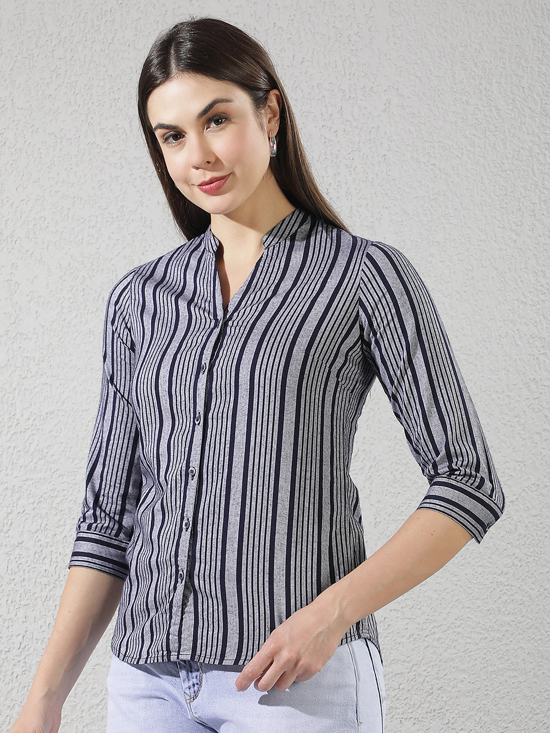 Grey Vertical Striped V-Neck Shirt