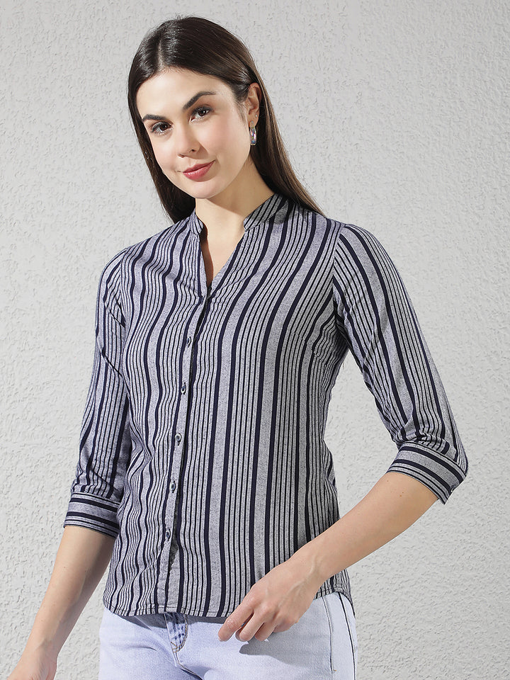 Grey Vertical Striped V-Neck Shirt