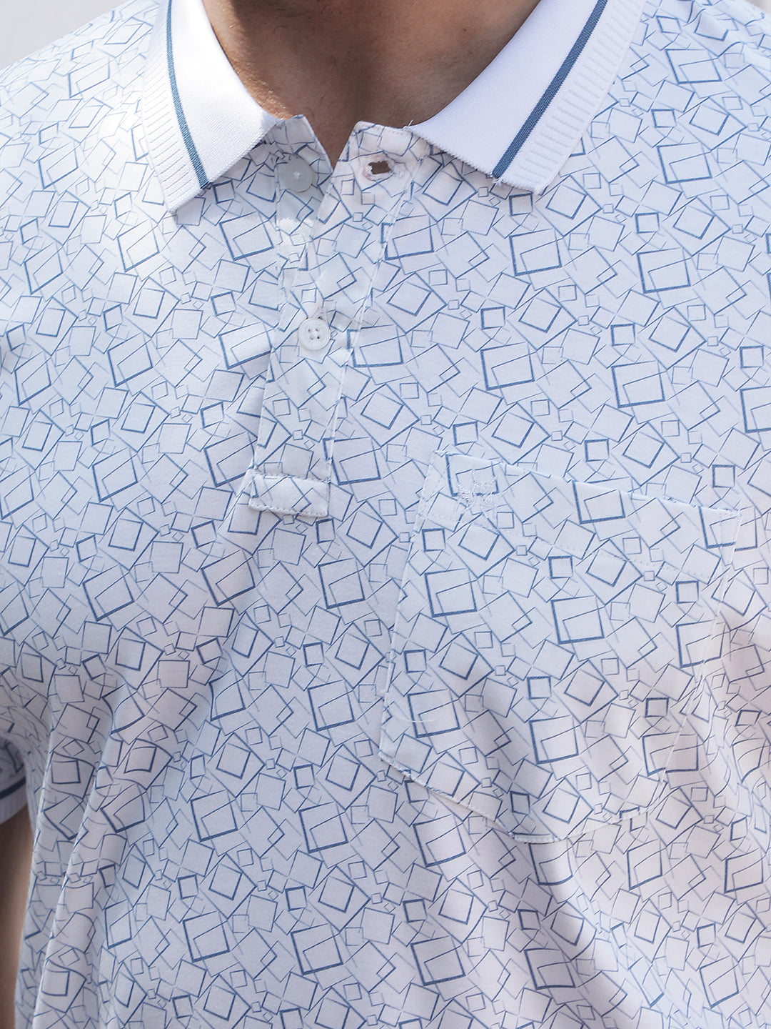 Blue Geometric Print Polo Neck 100% Cotton T-Shirt