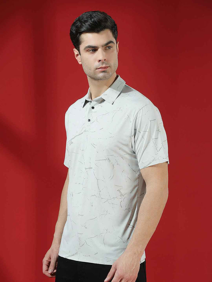 Grey Marble Print Polo T-Shirt