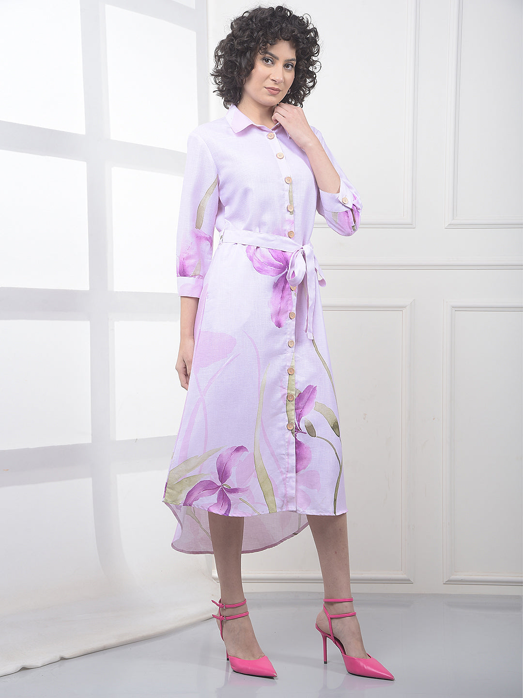 Purple Floral Print Midi Shirt-Dress