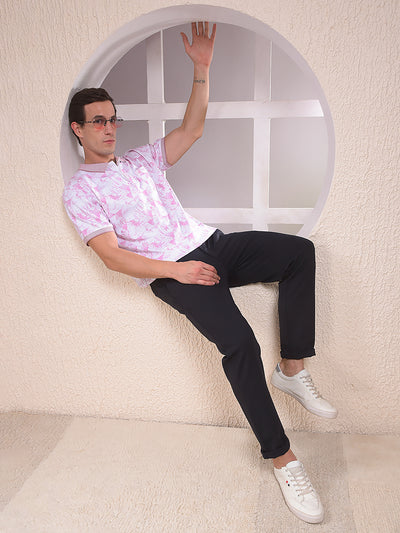 Pink Floral Print Polo Neck 100% Cotton T-Shirt