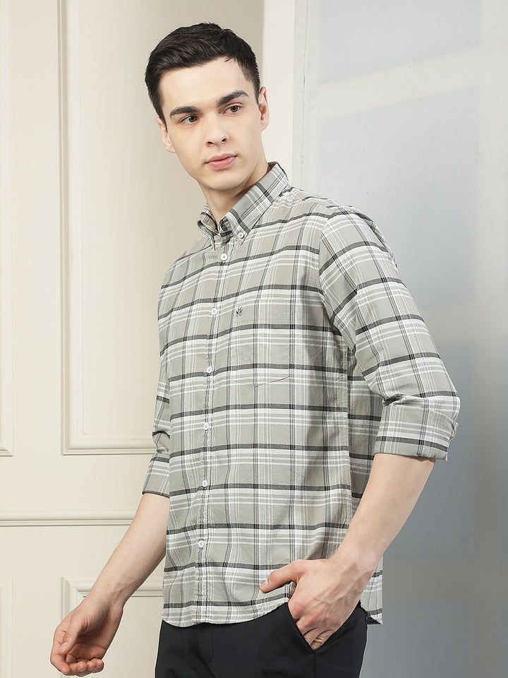 Grey Checked Button-Down Collar 100% Cotton Shirt